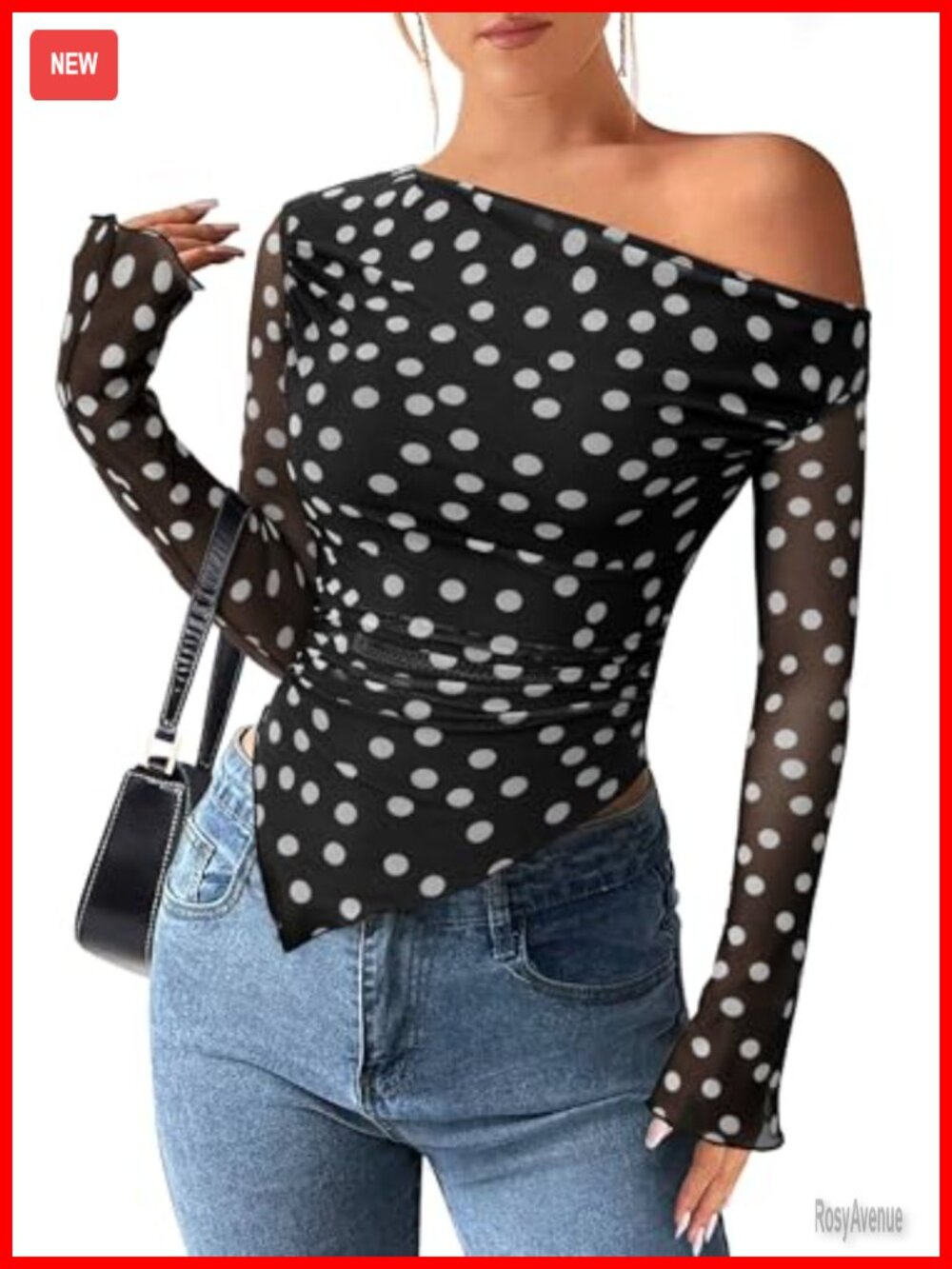 Off Shoulder Mesh Y2K Blouse Long Sleeve Slim Fit Asymmetrical Top